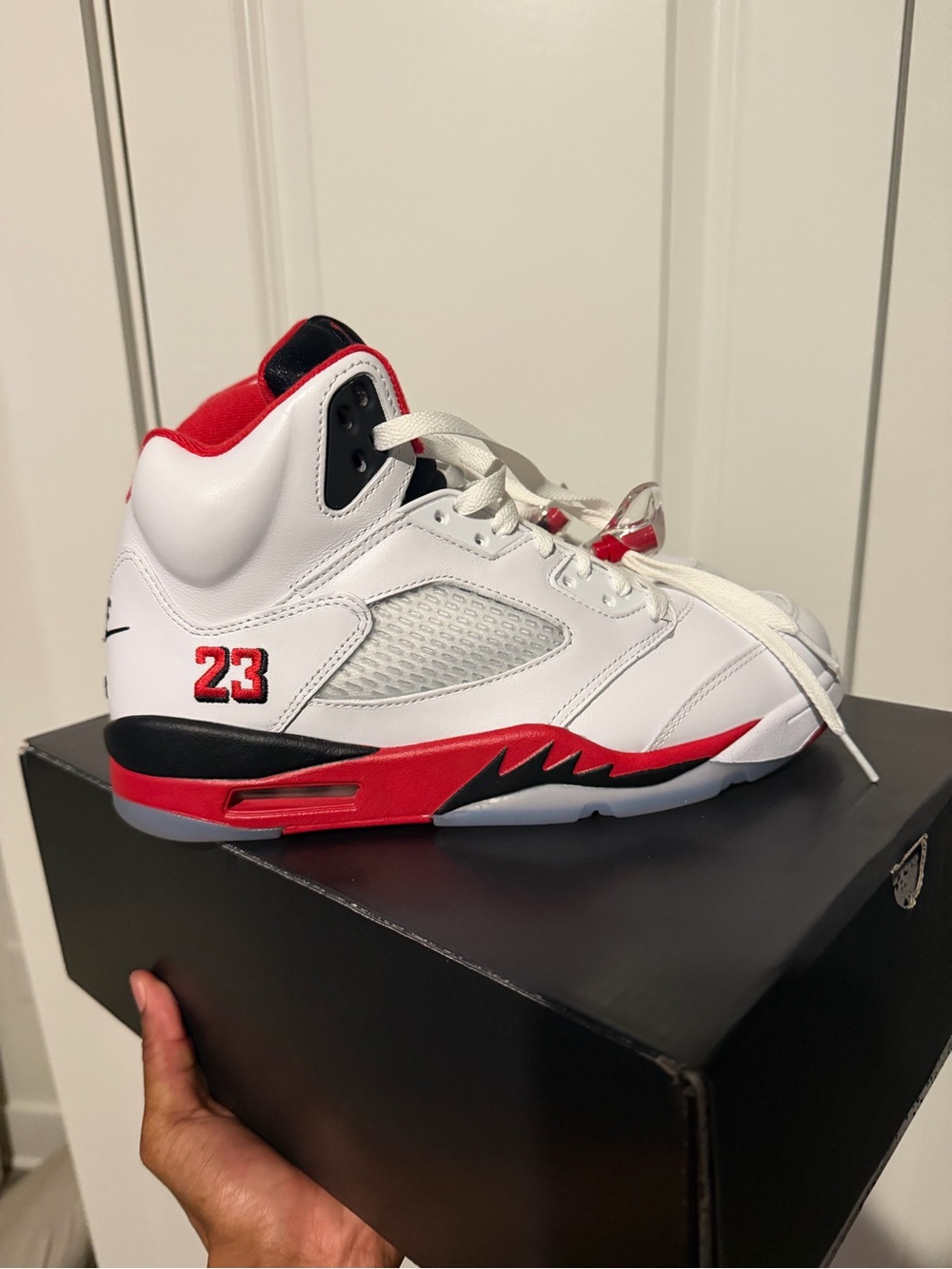 Men’s Jordan Retro 5 White and Red Basketball Shoes